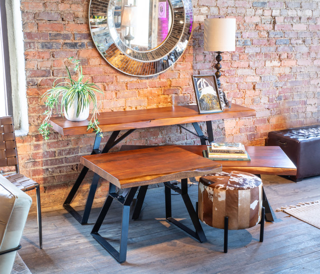 World Interiors - Nottingham Side Table in Acacia and Iron with Walnut Finish
