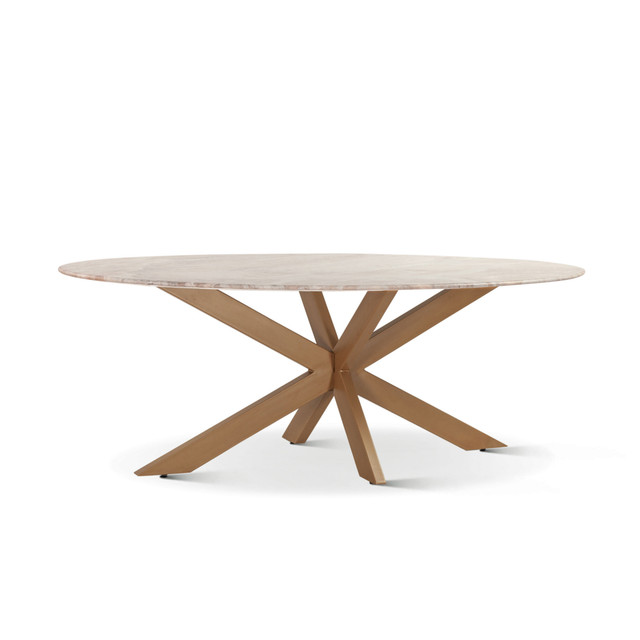 World Interiors - Pasadena 70" Oval Dining Table in Sawar Marble and Iron with Antique Gold Finish