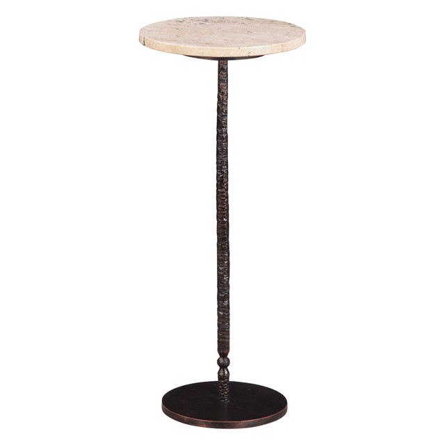 World Interiors - Rochester 10" Side Table in Beige Travertine with Hammered Base