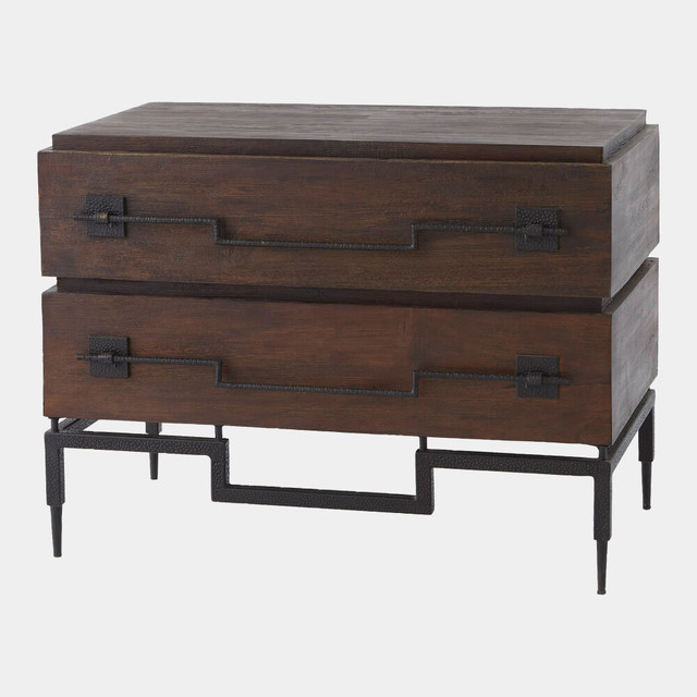 Global Views Scratch Two-Drawer Chest - Dark Brown Mango Wood & Black Iron