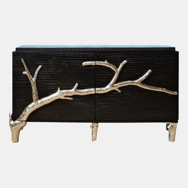 Global Views Branch Two-Door Cabinet - Hand-Carved Mango Wood & Cast Aluminum