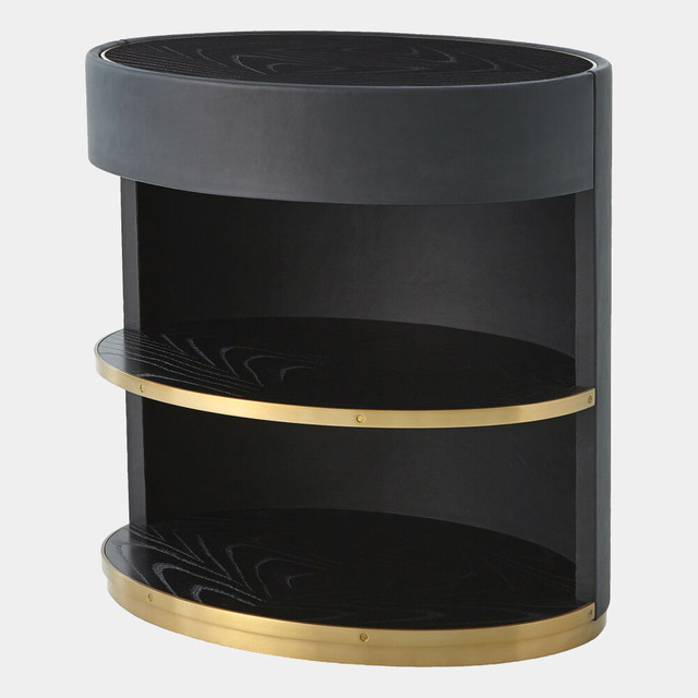 Global Views Ellipse Bedside Cabinet - Black Leather & Oak