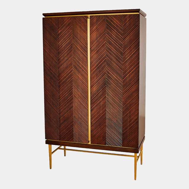 Global Views Latilla Tall Bar Cabinet - Carved Mango Wood & Brass