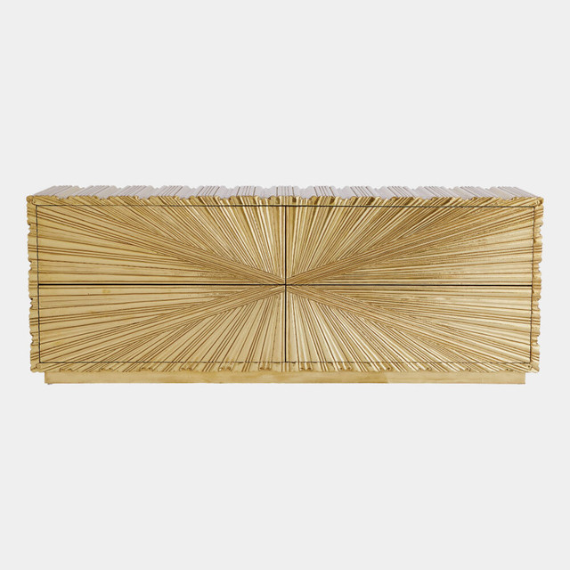 Global Views Linenfold Cabinet - Brass Textured Metal, 4-Drawer