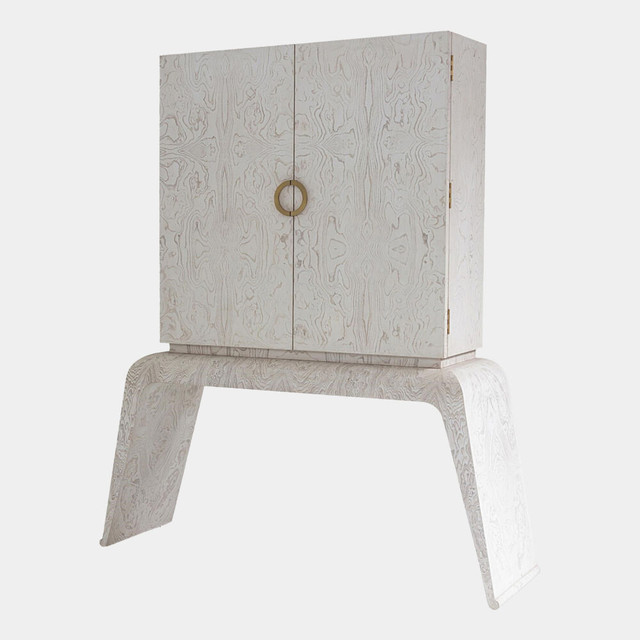 Global Views Baxter Bar Cabinet - White Stained Wood & Brass