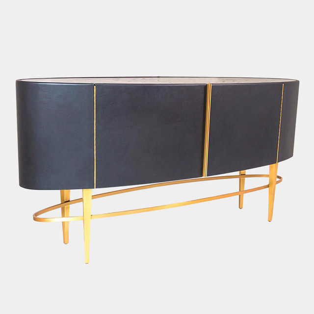 Global Views Ellipse Sideboard - Ebony, Black Leather & Gold Iron