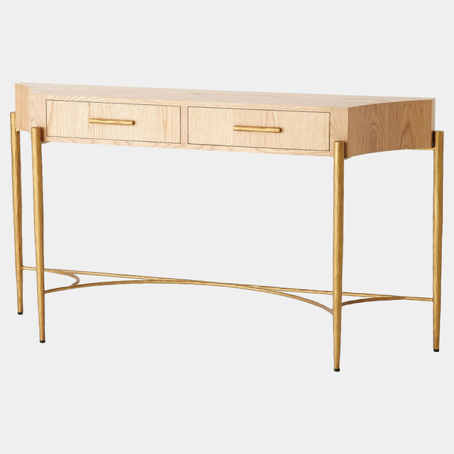 Global Views Breakfront Console Table - Natural Oak & Gold