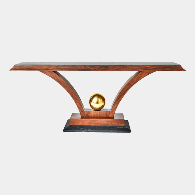 Global Views Colby Console Table - Walnut, Brass & Black Marble