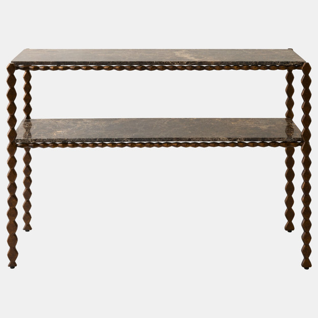 Global Views Pinkered Console Table - Emperador Marble & Bronze