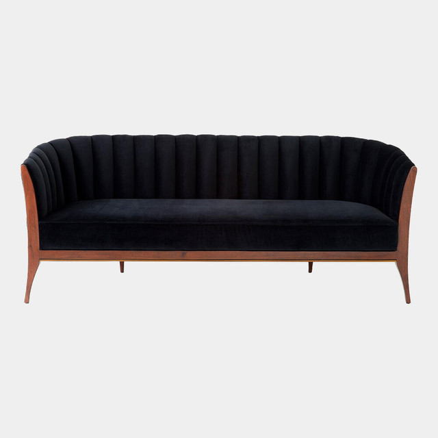 Global Views Connor Channel Back Sofa - Black Velvet & Walnut