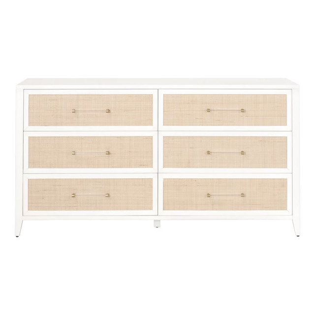 Essentials For Living - Holland 6-Drawer Double Dresser in Matte White, Natural Rattan