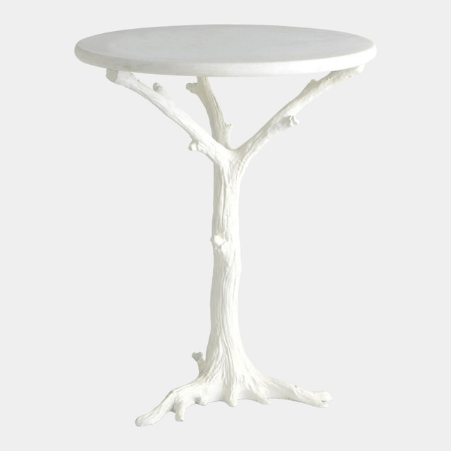 Global Views White Faux Bois Side Table - White Iron & Marble