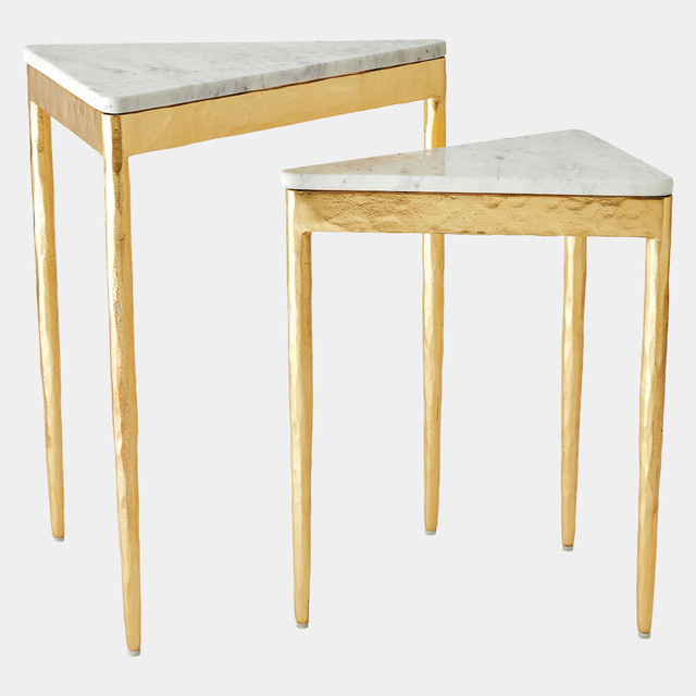 Global Views Mowry Triangular Nesting Tables - Gold Leaf & White Marble, Set of 2