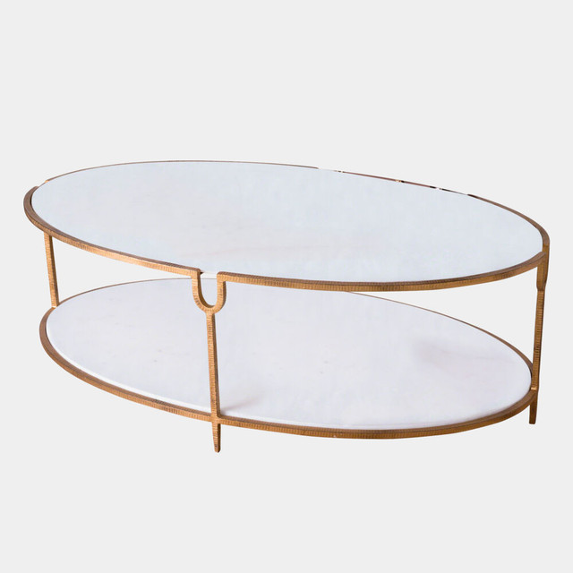 Global Views Harrington Oval Coffee Table - Gold Iron & Honed White Marble