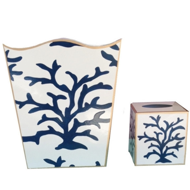 Dana Gibson Navy Coral Wastebasket and Tissue Box