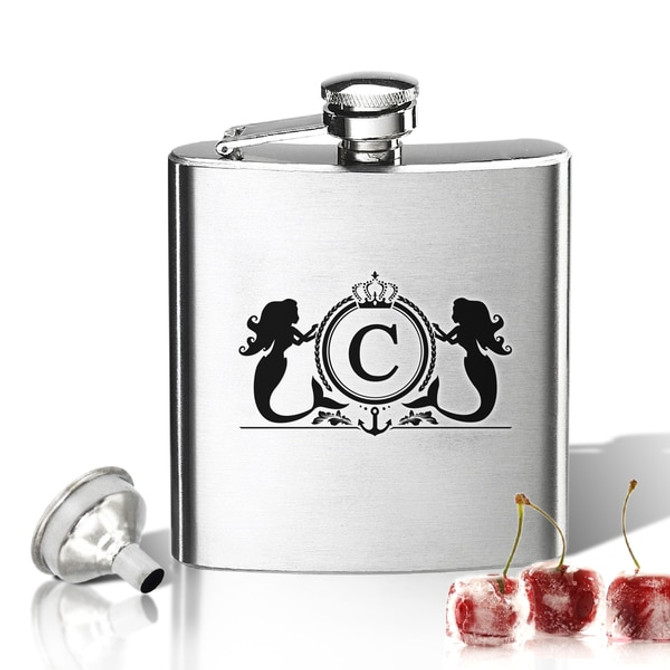 Stainless Steel Hip Flask (8 Oz) Personalized To Your Desire.  Mermaid Initial