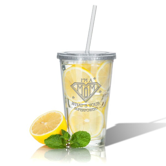 Personalized Double Walled Tumbler With Straw: Super Mom