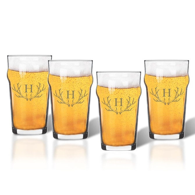 Nonic Pint Glass Set Of 4 Glasses: Personalized Antler Motif