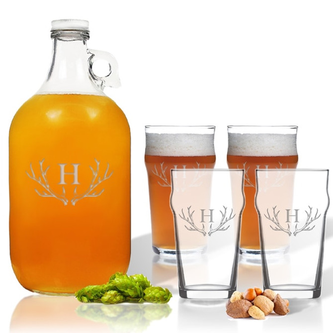 5 Piece Set: Growler  64 Oz.  & Pub Glass  16 Oz. (Set Of 4) Personalized Antler Theme