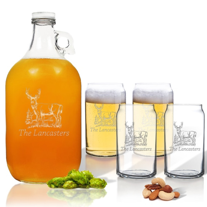 5 Piece Set: Growler  64 Oz.  & Beer Can Glasses 16 Oz (Set Of 4) Personalized Hillside Buck