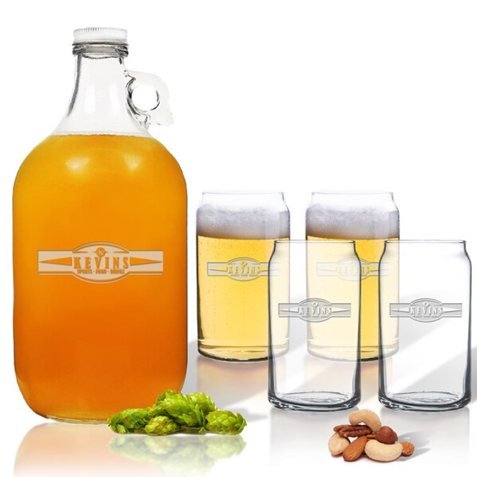 5 Piece Set: Growler  64 Oz.  & Beer Can Glasses 16 Oz (Set Of 4) Personalized Sport Food Drinks