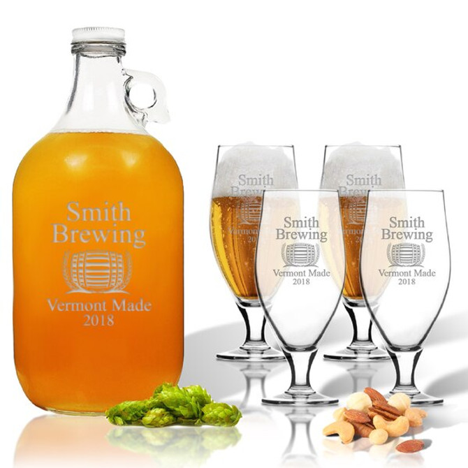 5 Piece Set: Growler  64 Oz.  & Cervoise Glass  16.75 Oz. (Set Of 4) Personalized Brewing