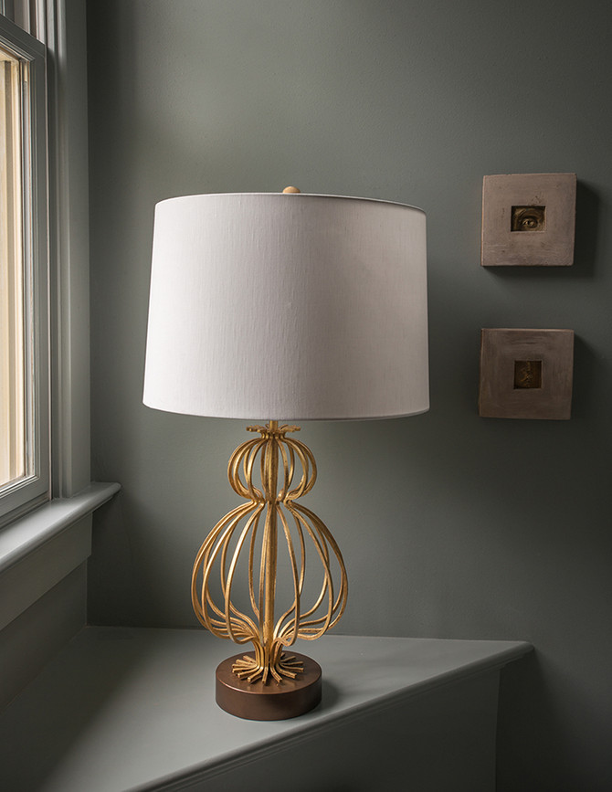 Lafitte Distressed Buffet  Table Lamp with White Fabric Drum shade