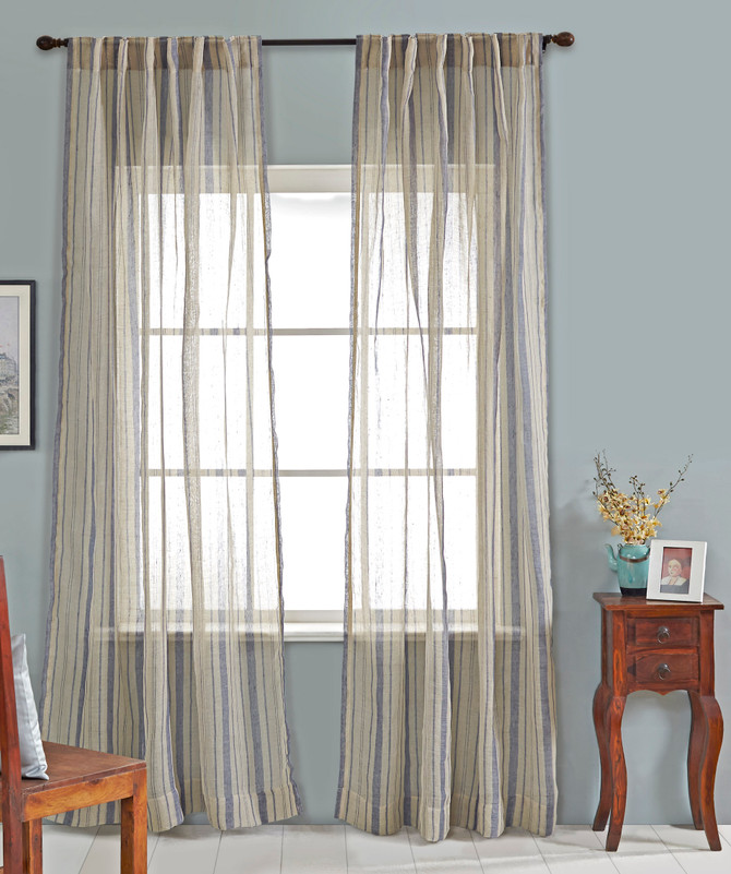 Linen Sheer Blue Stripes Curtain