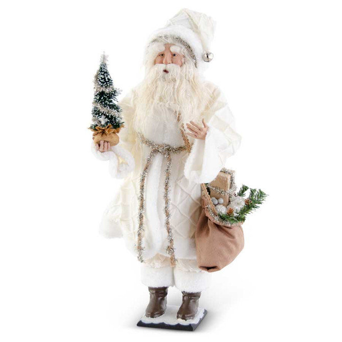27 Inch Santa In White Coat With Tree and Sack Of Gifts