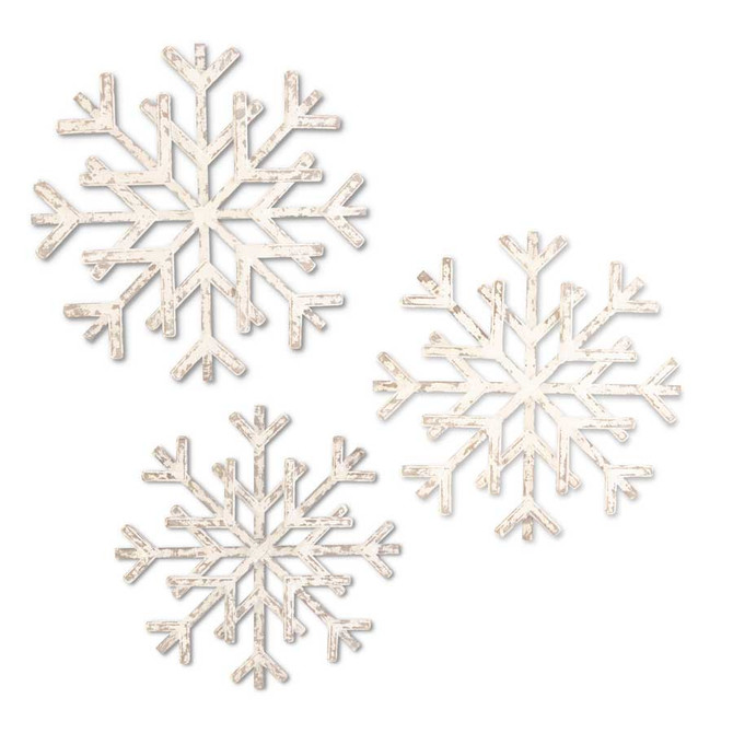 Set Of 3 Whitewash Wood Slat Snowflakes