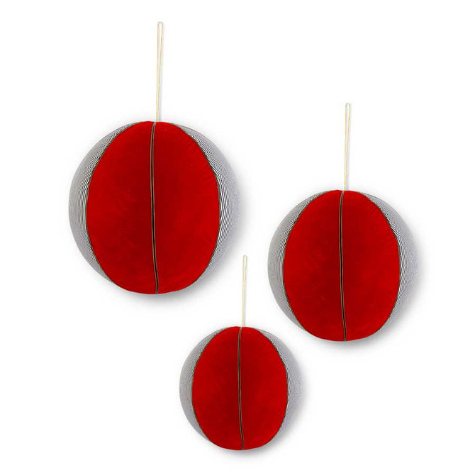 Set Of 3 Red Velvet With Black & White Stripe Ornaments