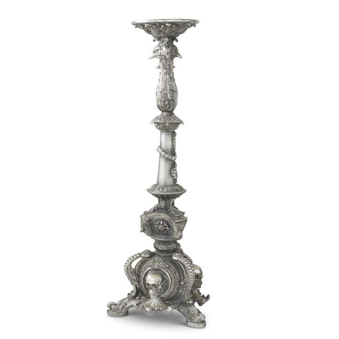 28.75 Inch Silver Resin Skull & Bat Halloween Candleholder