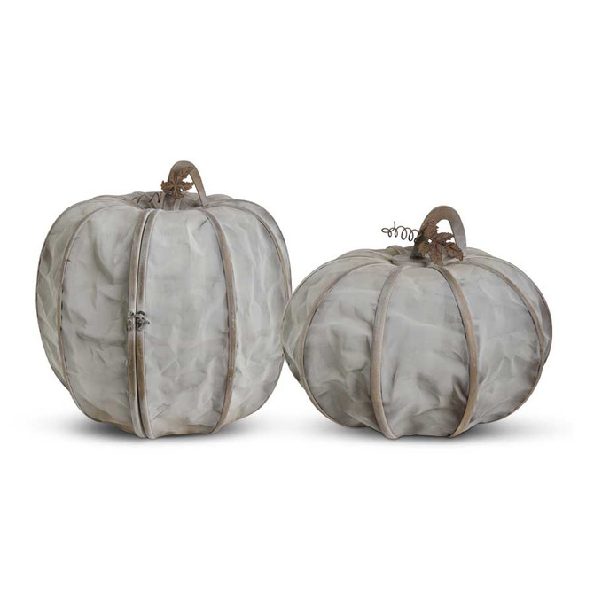 Set Of 2 Gray Mesh Nesting Pumpkins With Metal Leaves