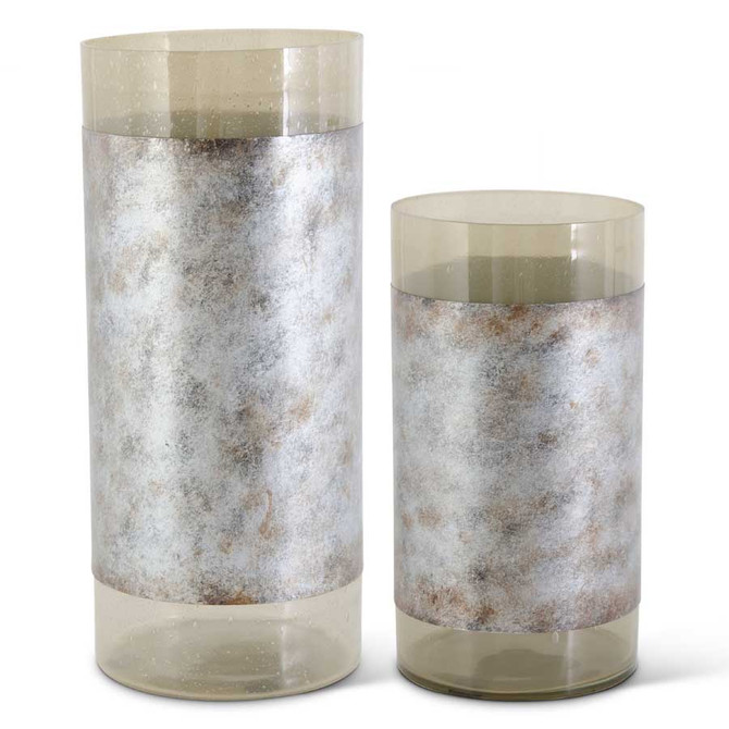 Set Of 2 Gray Glass Vases With Burnished Graphite Metal