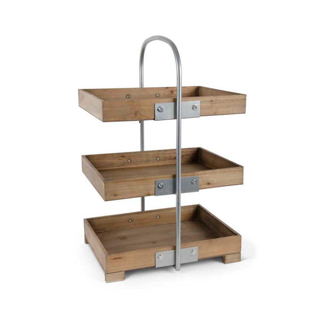 26 Inch Metal 3 Tiered Natural Wood Rectangular Tray Stand