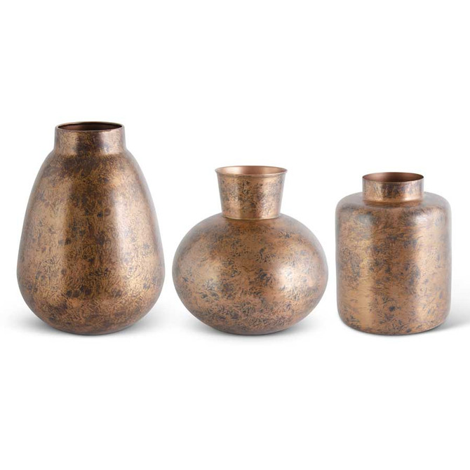 Set Of 3 Copper Distressed Metal Vases