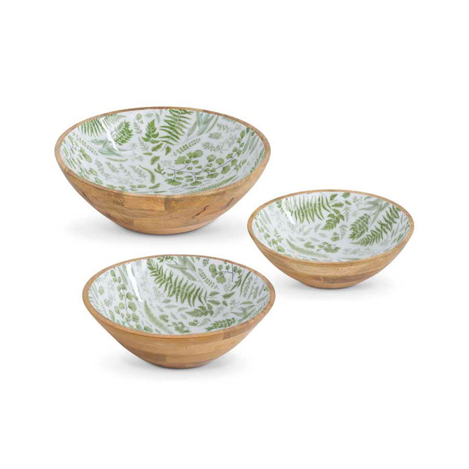 Set Of 3 Wooden Bowls With Fern Enamel Inside
