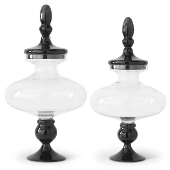 Set Of 2 Black & Clear Glass Lidded Apothecary Jars