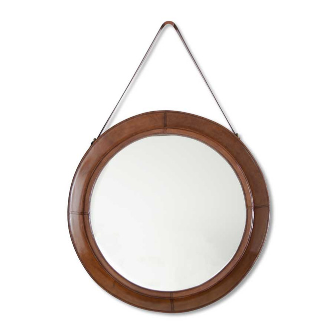 28.25 Round Leather Strap Hung Mirror