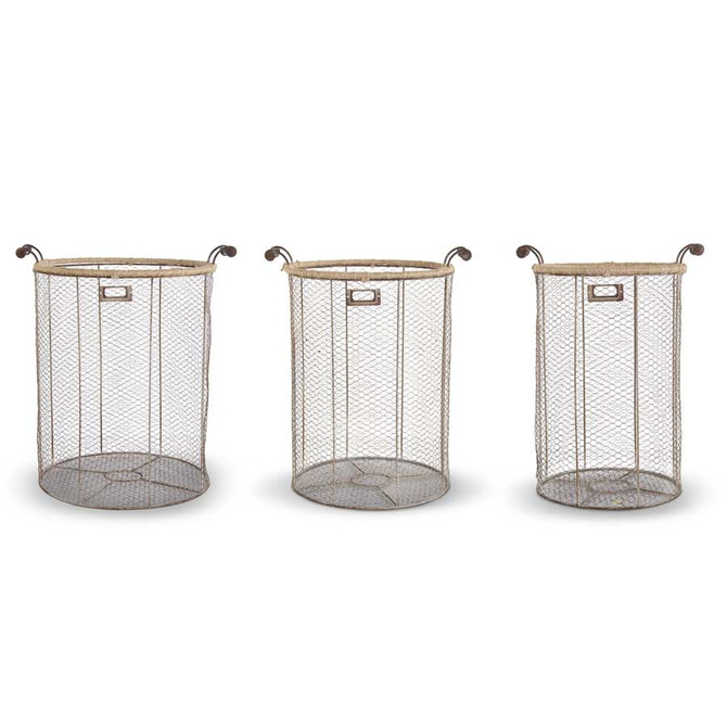 Set Of 3 Double Handle Rustic Wire Baskets With Jute Rim
