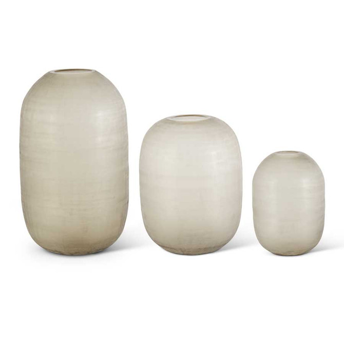 Set Of 3 Smoked Tan Grid Cut Glass Vase