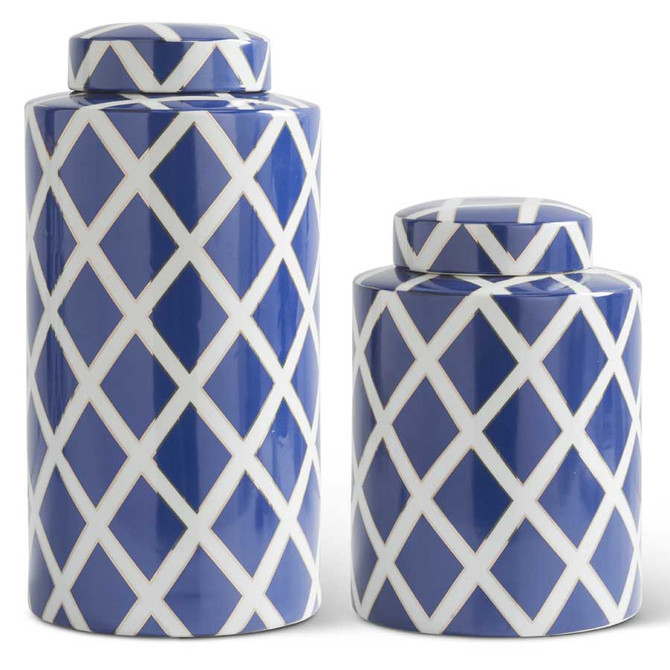 Set Of 2 Royal Blue and White Crisscross Lidded Ginger Jars