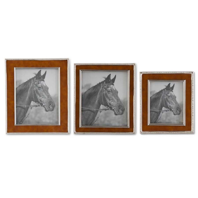 Set Of 3 Brown Leather Frames With Silver Trim