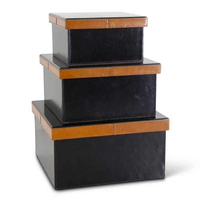 Set Of 3 Square Black Leather Suede Lined Nesting Boxes