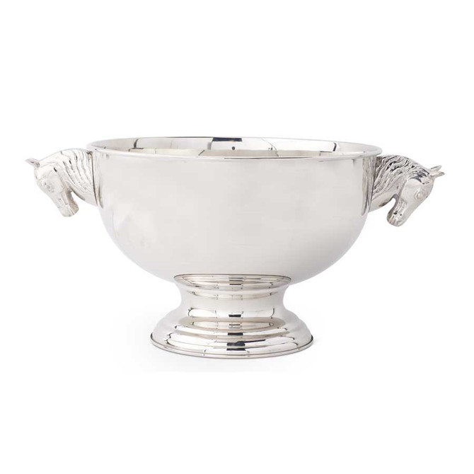22 Inch Silver Metal Bowl On Pedestal With Horse Head Handles