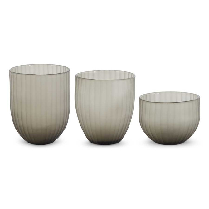 Set Of 3 Gray Ribbed Vases