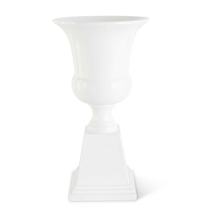 24 Inch Glossy White Fluted Fiberglass Urn On Pedestal