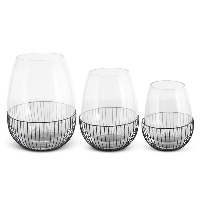 Set Of 3 Glass Vases With Black Metal Cage Base