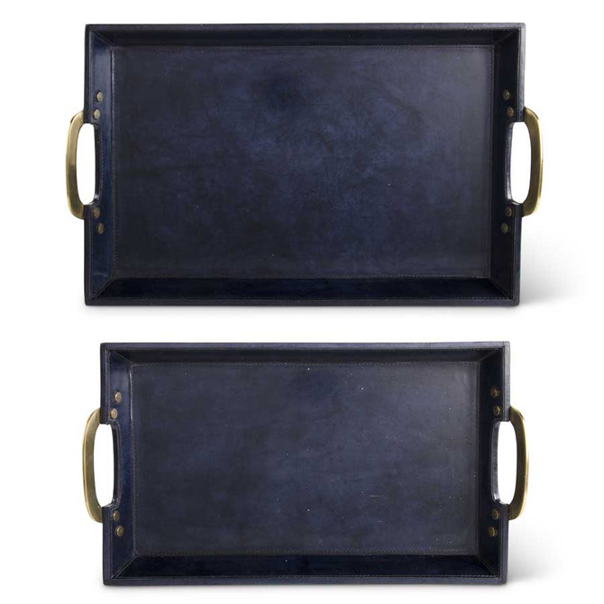 Royal Blue Rectangle Leather Trays With Bronze Handles