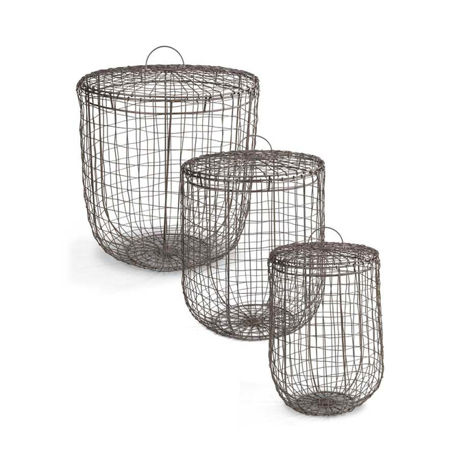 Set Of 3 Lidded Metal Wire Baskets
